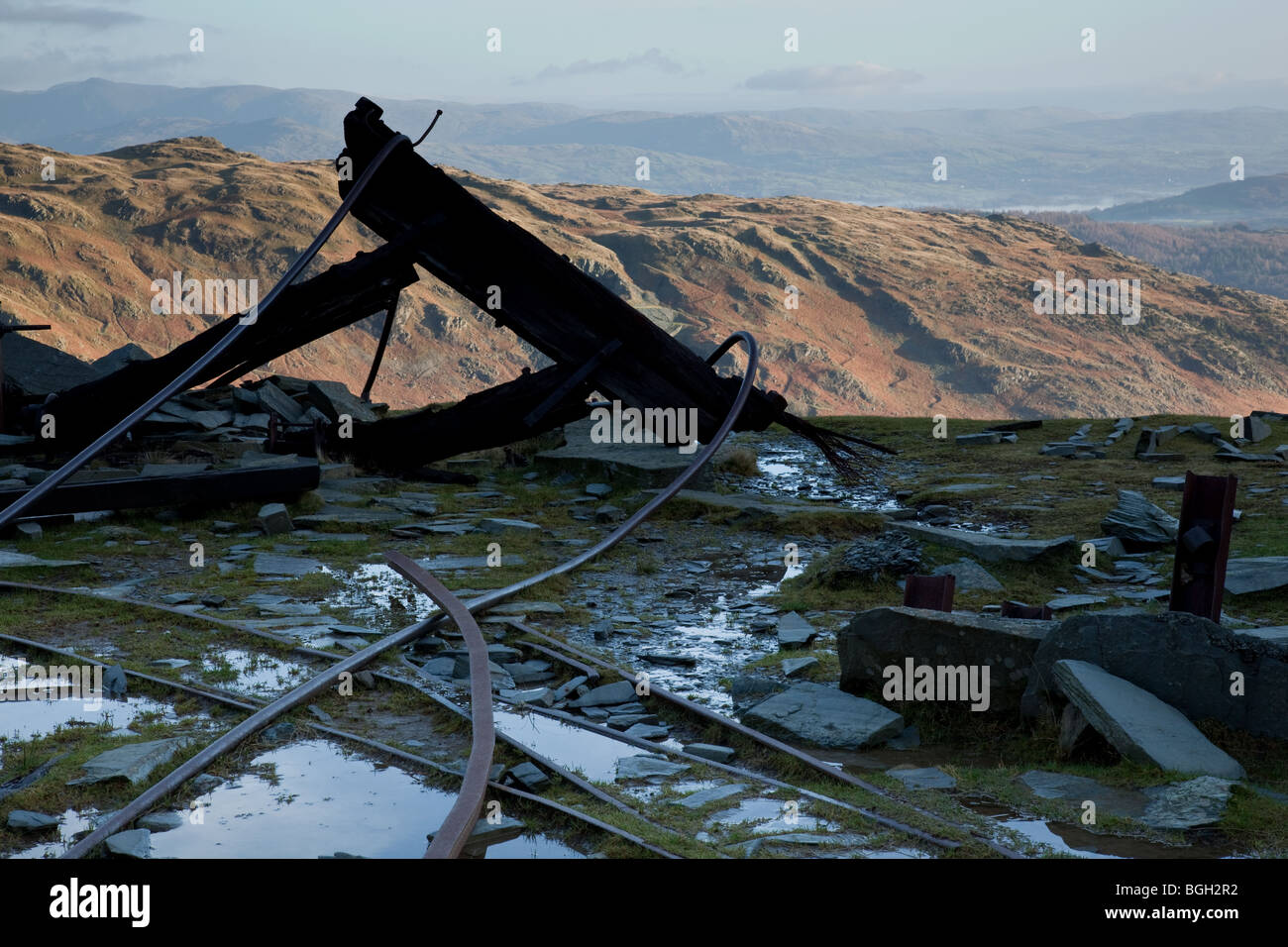 Ruined mine workings on the Old Man of Coniston, Lake District, Cumbria Stock Photo