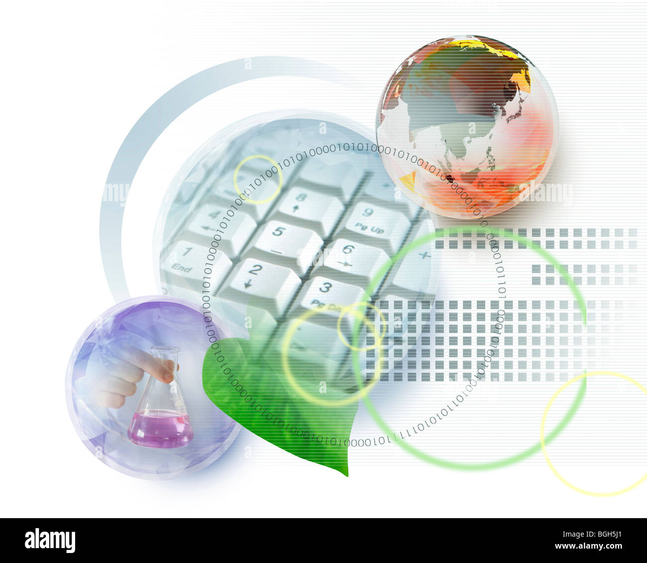 Composite with man holing a beaker, computer keyboard and binary codes Stock Photo