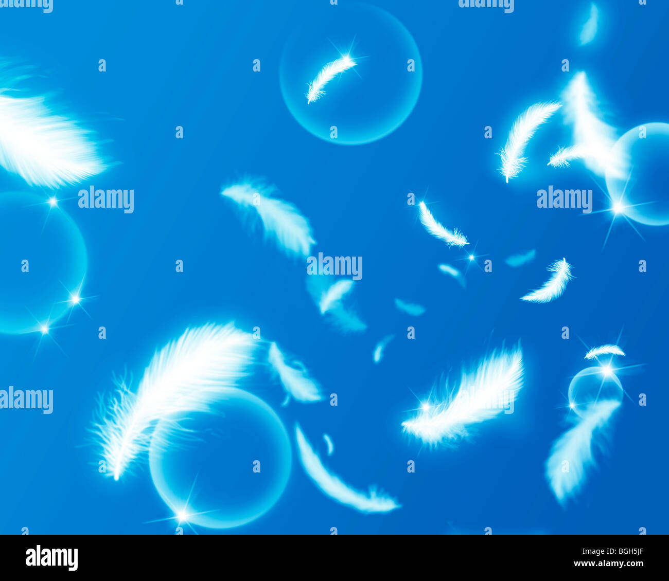 Floating feathers and bubbles Stock Photo
