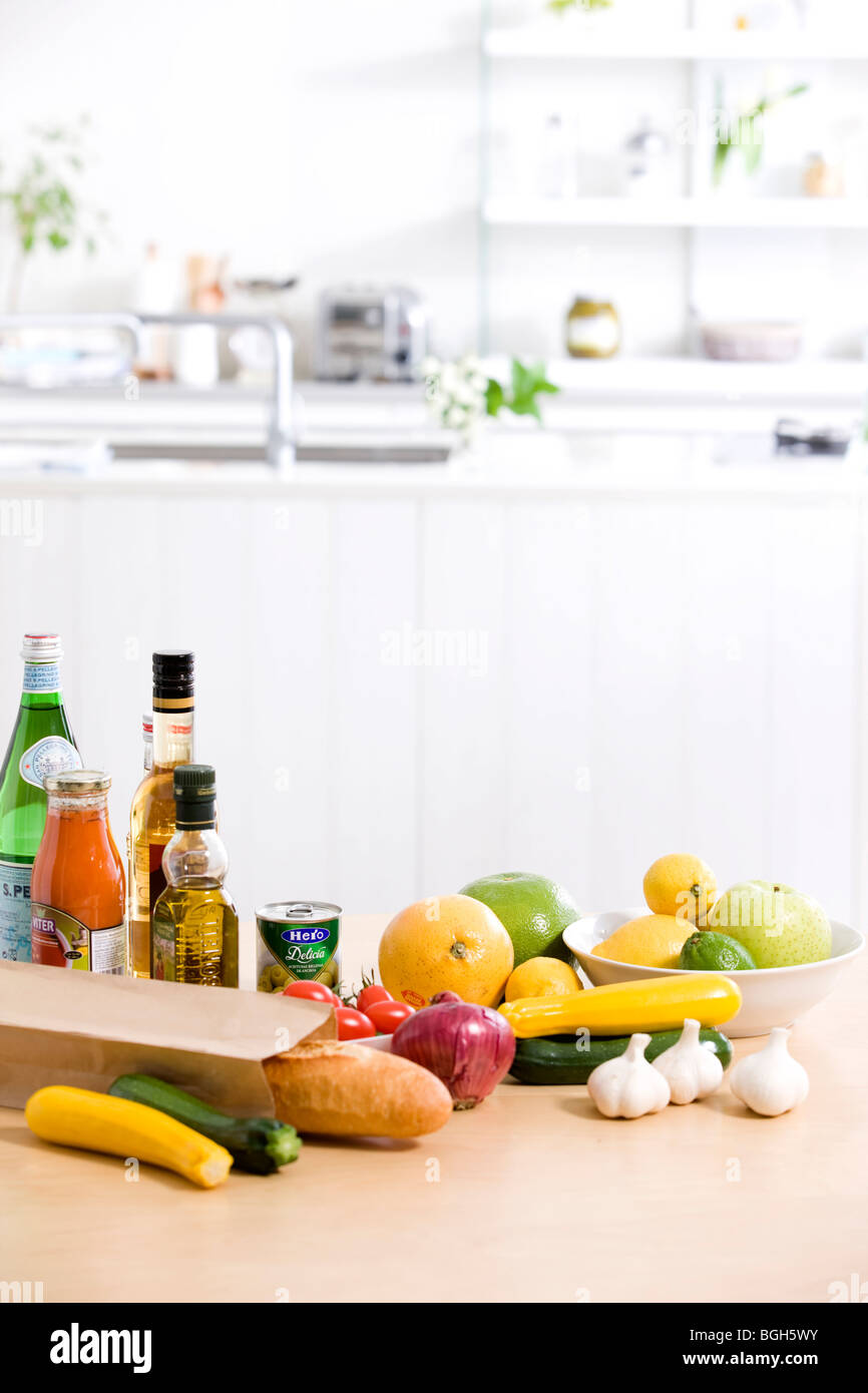 Groceries on a kitchen counter Stock Photo