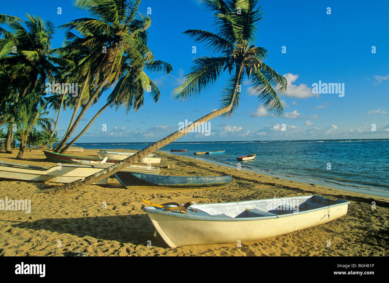 Boats on beach at resort area of Las Terrenas on the Samana Peninsula of the Dominican Republic Stock Photo