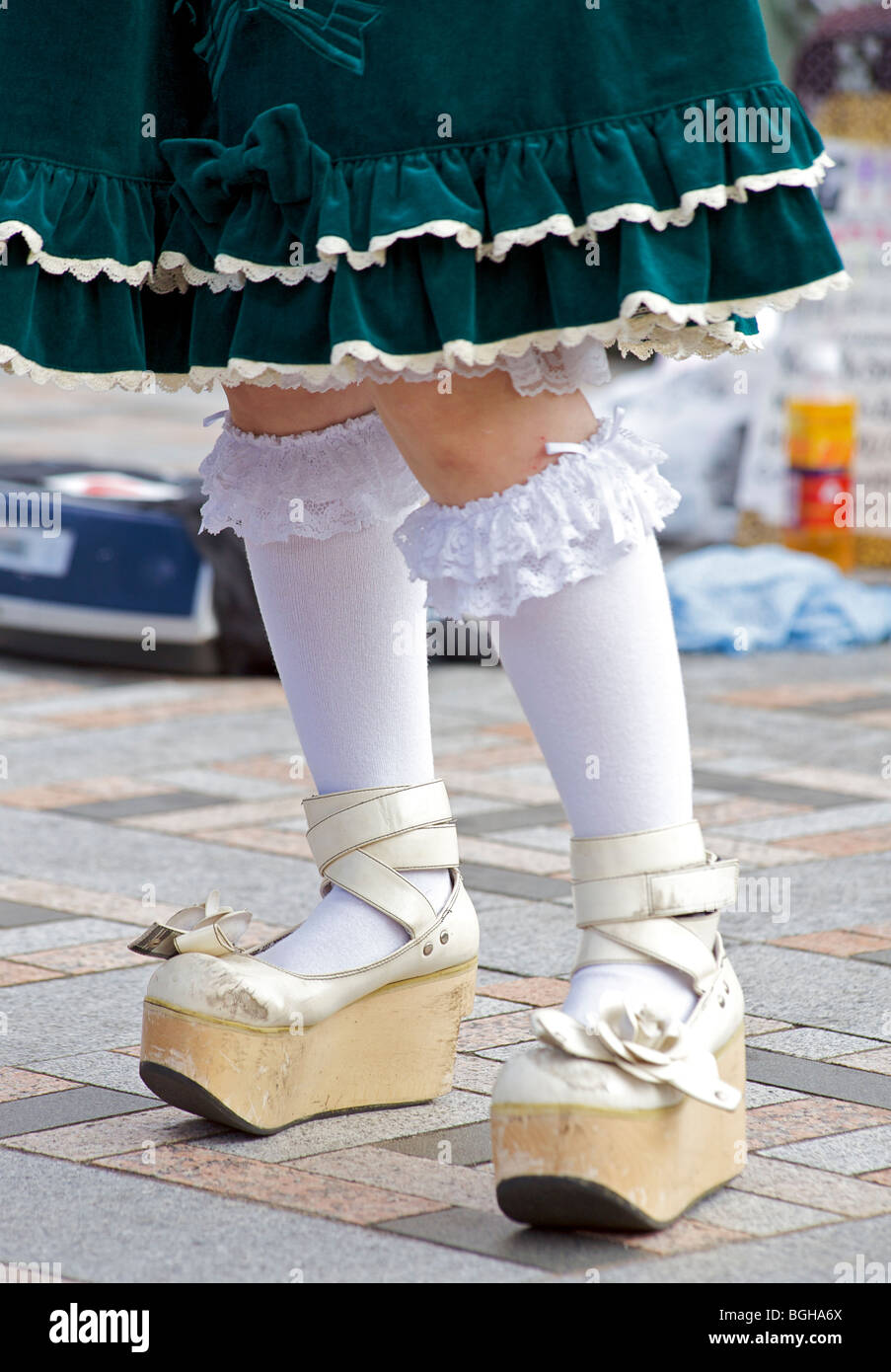 Japanese fashions.  Cosplay. Trendy footwear, Harajuku, Tokyo, Japan Stock Photo