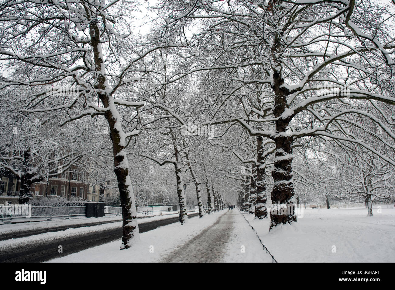 Birdcage Walk in St James Park in Central London in the snow Stock Photo