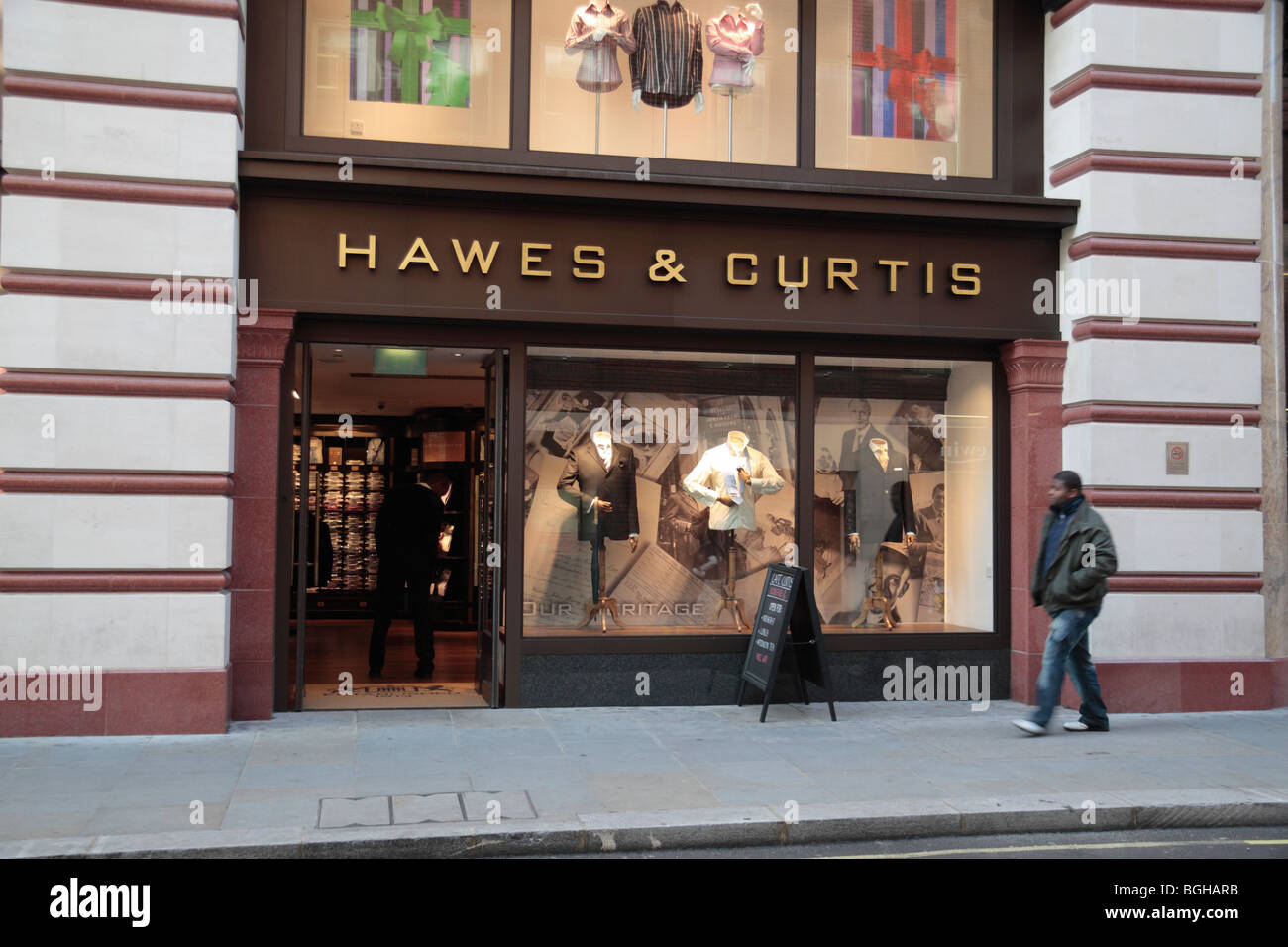 The shop front and entrance to the Hawes & Curtis men's clothing shop on Jermyn Street,  London, UK. Nov 2009 Stock Photo