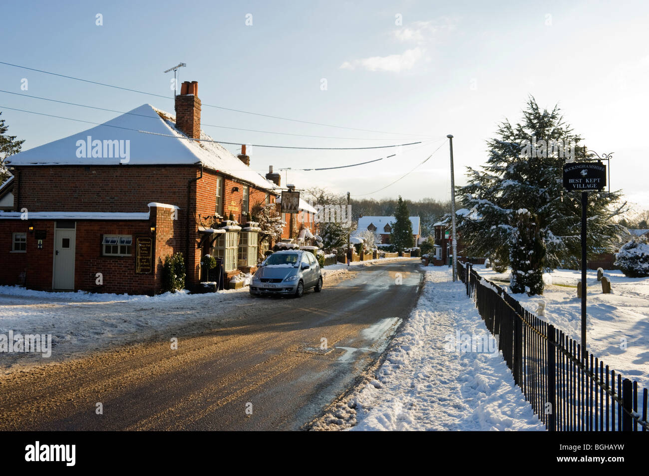 Winter weather, heavy snowfall in the quiet rural Chilterns village of Seer Green Buckinghamshire UK Stock Photo