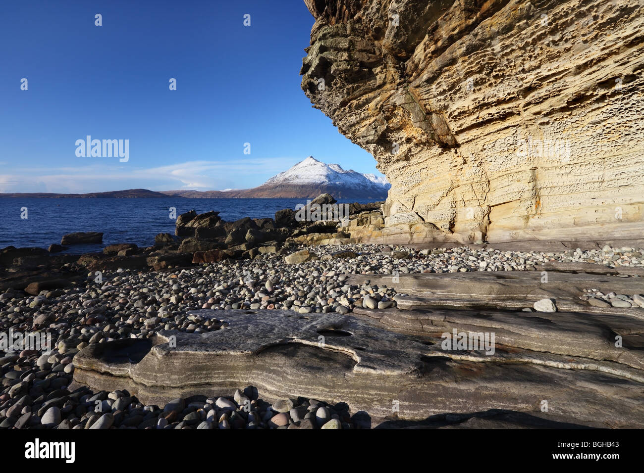 The Cuillin Mountains Across Loch Scavaig in Winter Viewed From the Beach at Elgol Isle of Skye Scotland Stock Photo