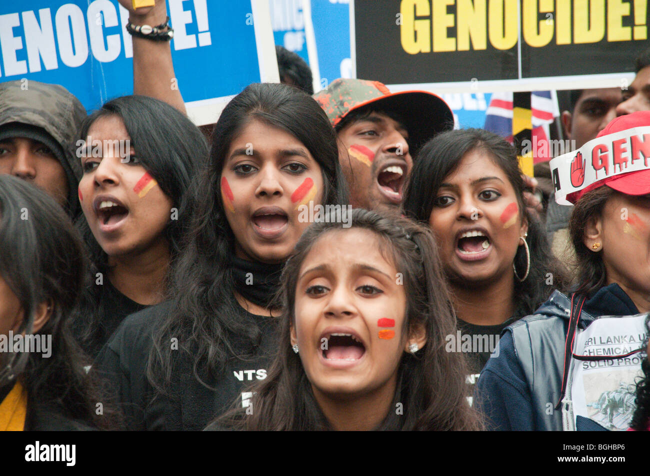 Women students among100,000 Tamils protesting in London against the killing of civilians and Tamil Tigers in Sri Lanka Stock Photo