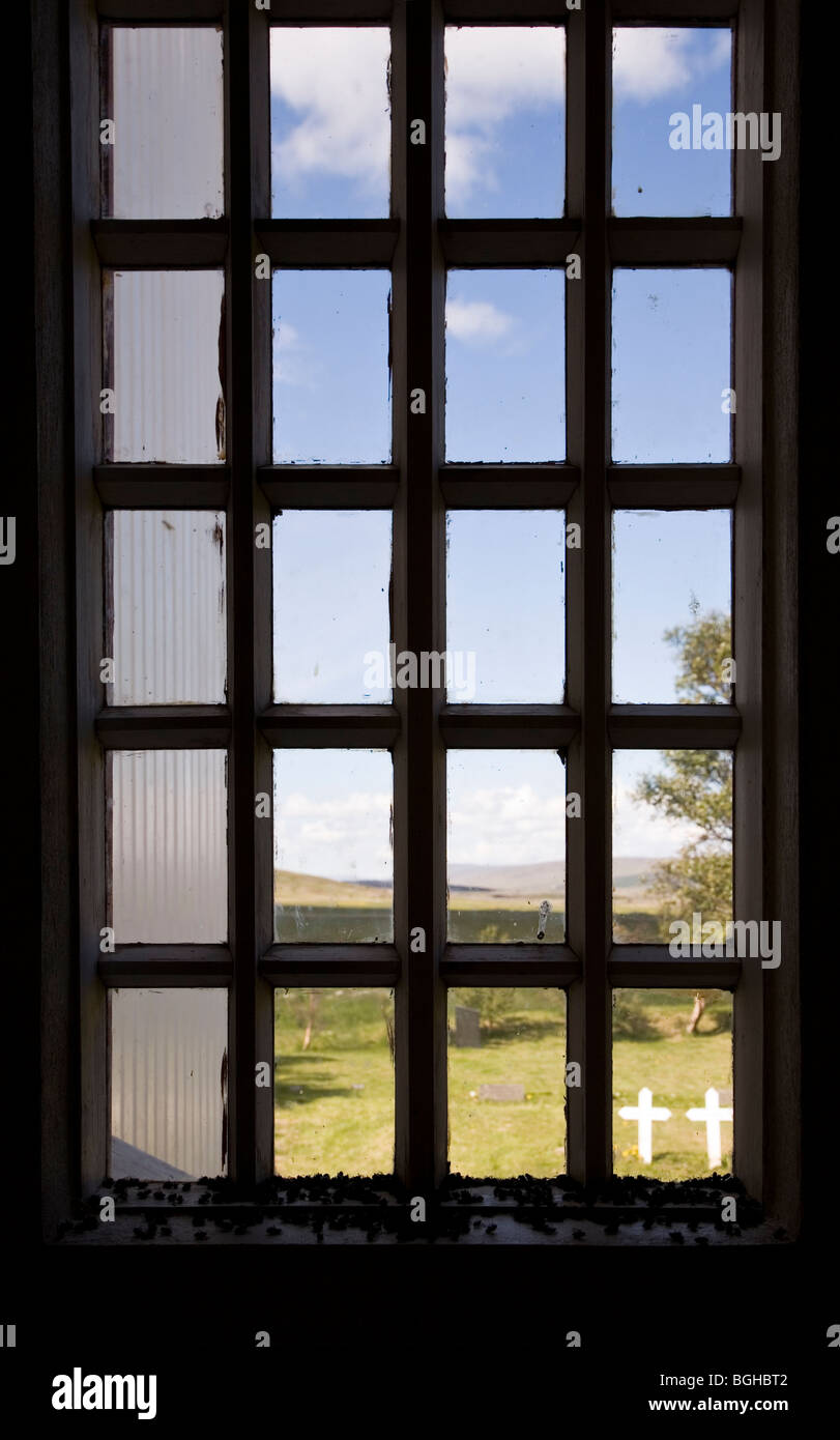 Dead flies in church window. Husafellskirkja church in Husafell, West Iceland. Stock Photo