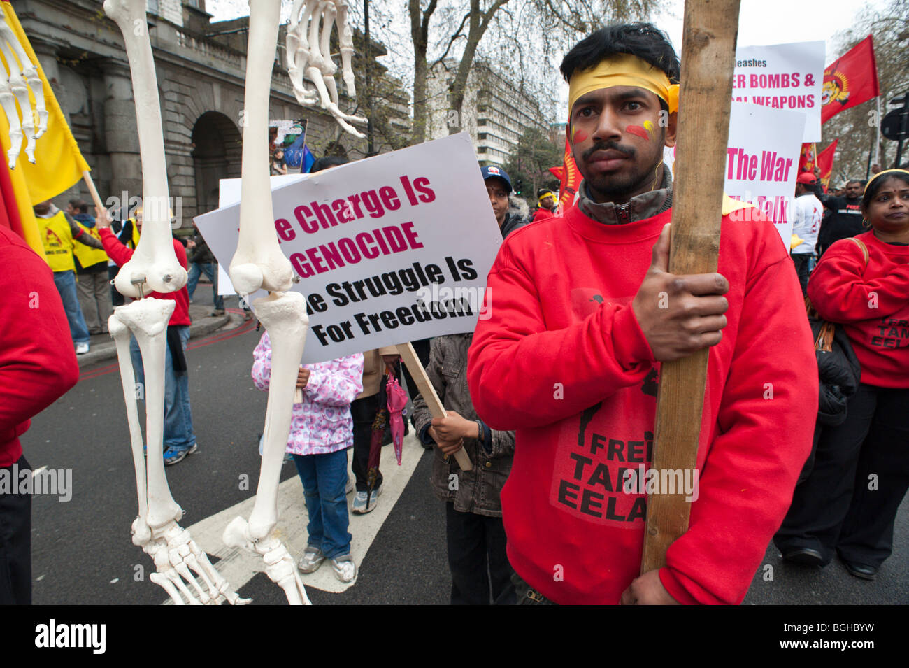 100,000+ Tamil march through London in protest against the killing of civilians and Tamil Tigers in Sri Lanka. Skeleton Stock Photo