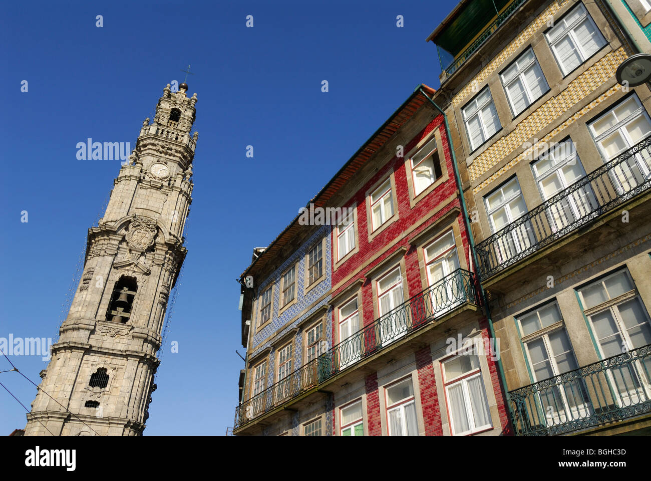 Porto. Portugal. Torre dos Clerigos and colourful tiled buildings. Stock Photo