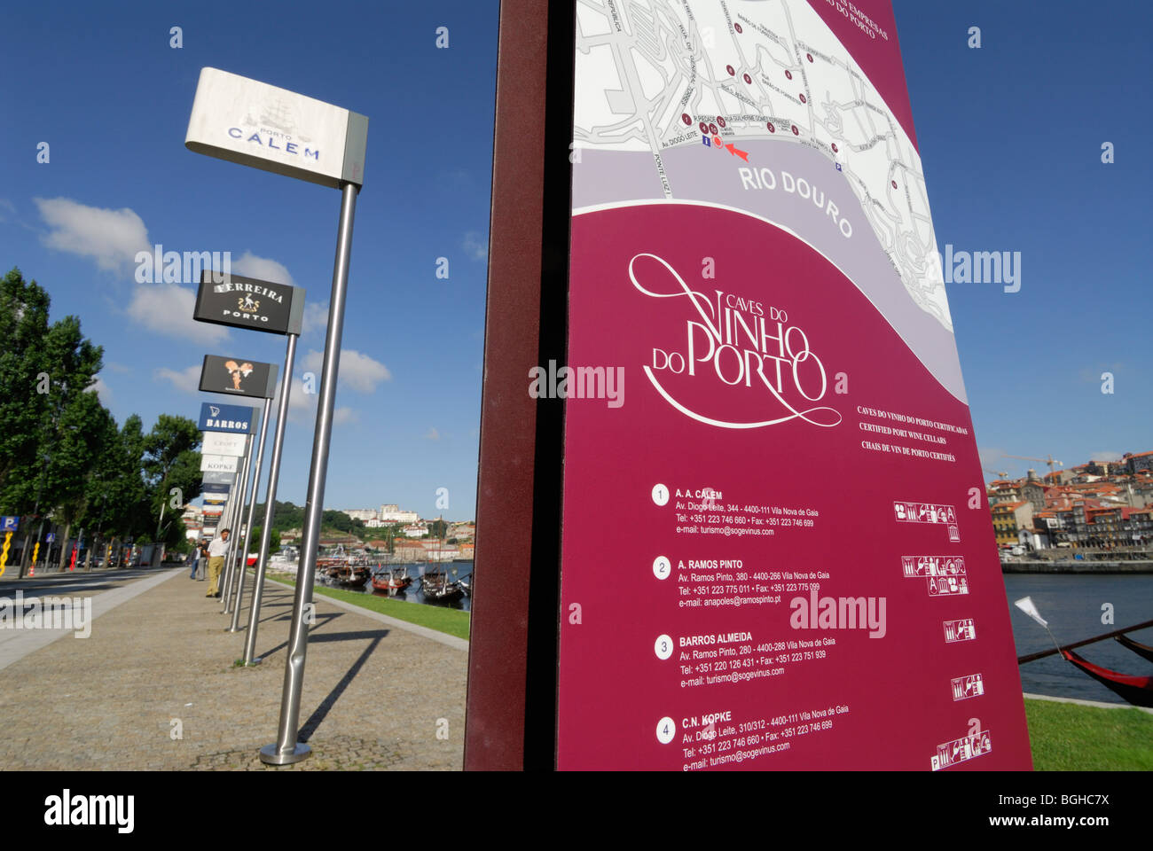 Porto. Portugal. Signs of famous Port Wine producers line the promenade of Vila Nova de Gaia. Stock Photo