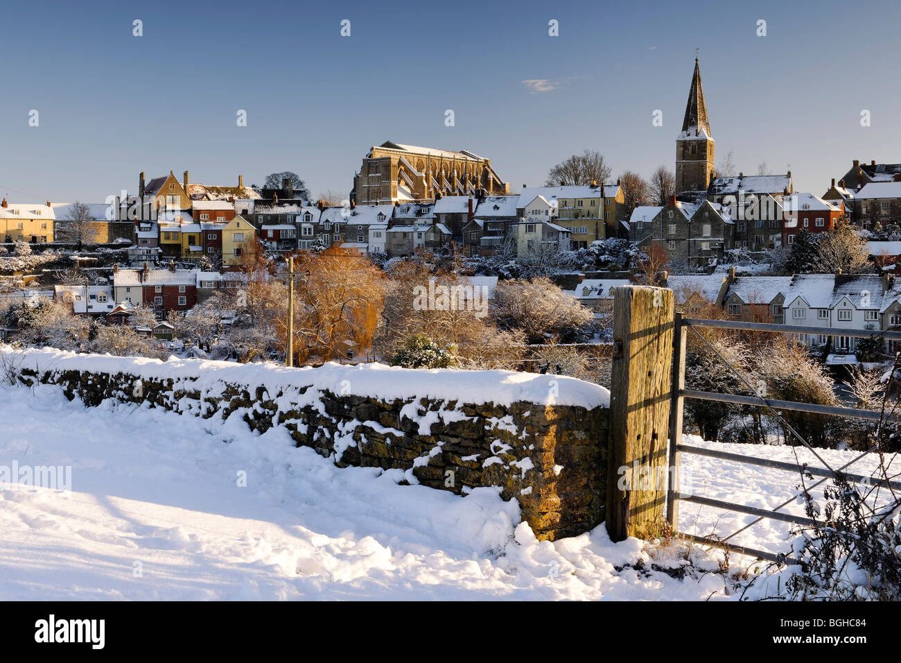 Malmesbury under snow. Stock Photo