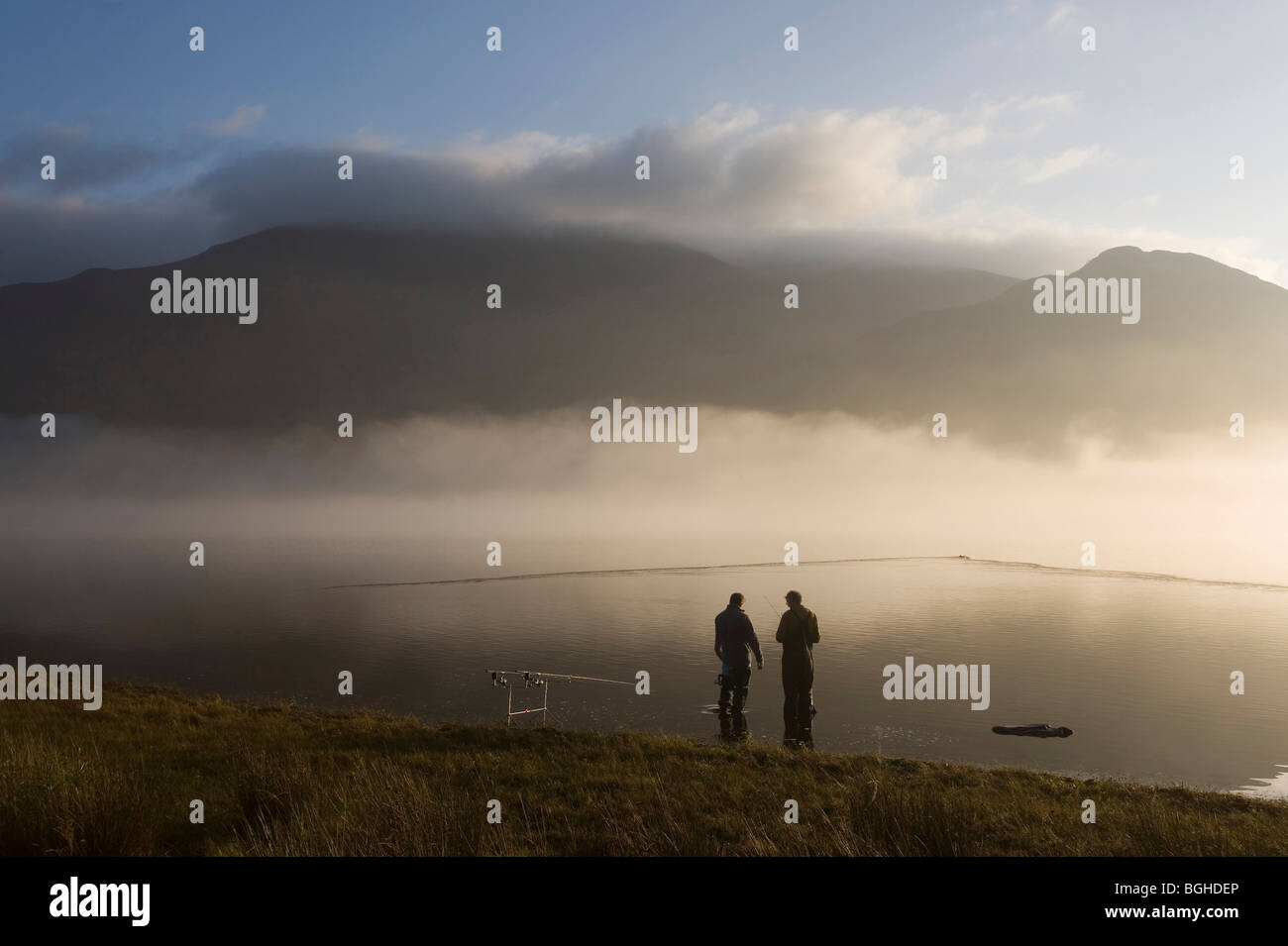 Fishermen at Bassenthwaite Lake, Cumbria, England Stock Photo