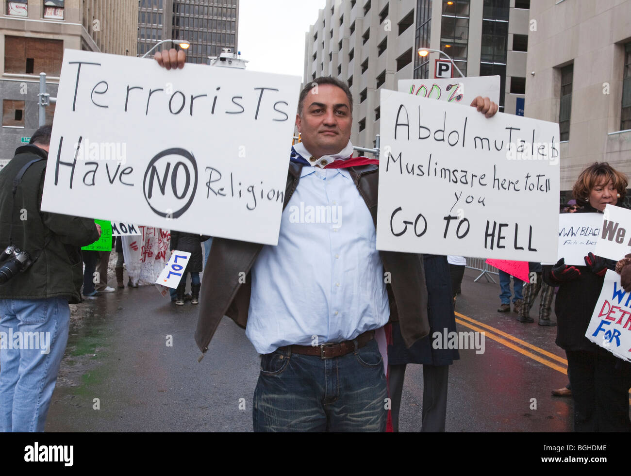 Muslims Denounce Terrorism Outside Court Arraignment of Nigerian Who Attempted to Bomb Northwest Airlines Flight Stock Photo