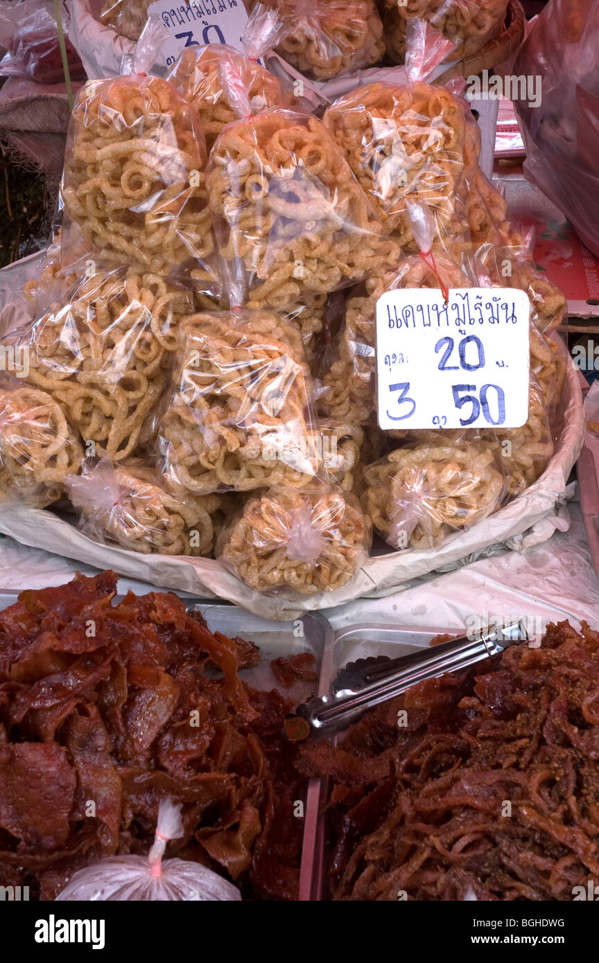 Dried meat and pork skin crackly for sale at a roadside market near Mae Sot, Thailand Stock Photo