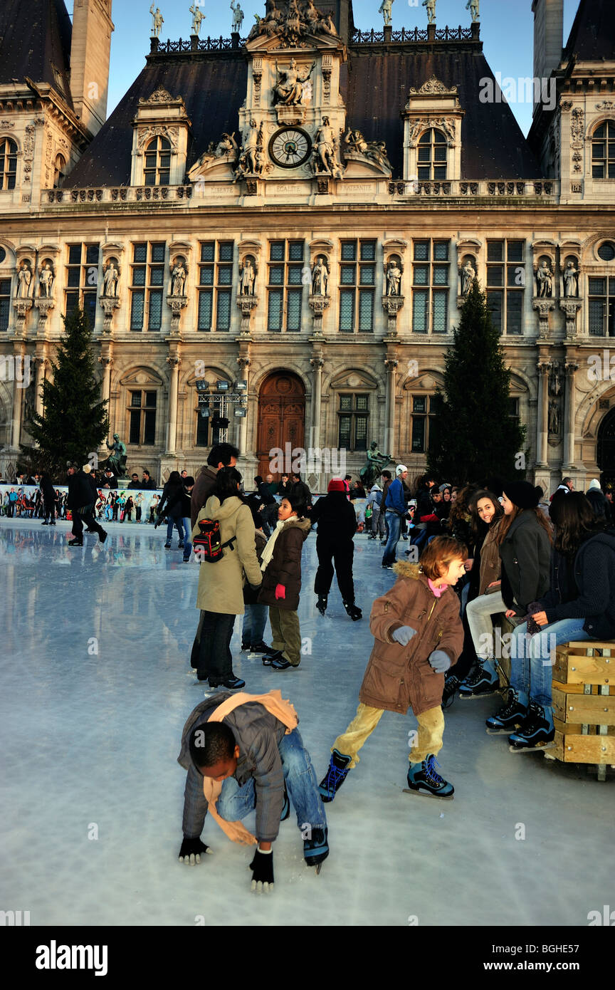 Paris, France,Large Crowd People Ice Skaters on Public Ice Skating Rink