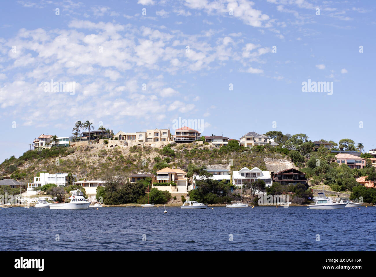 Luxury homes on the bank of Swan River between Perth and Fremantle in Western Australia. Stock Photo