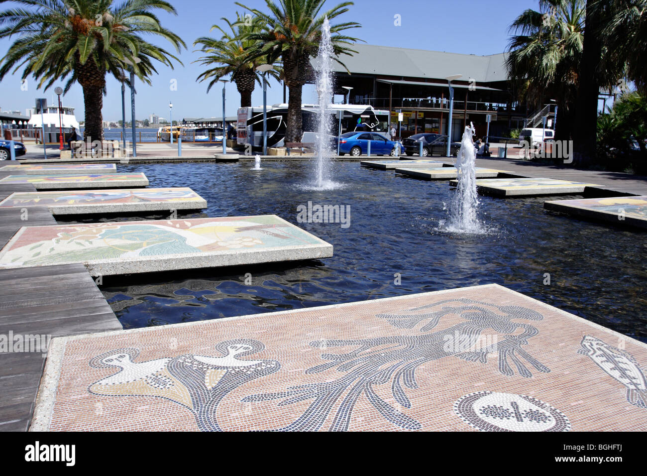 Traditional aboriginal art at Barrack Square near Swan Bell Tower in Perth, Western Australia. Stock Photo