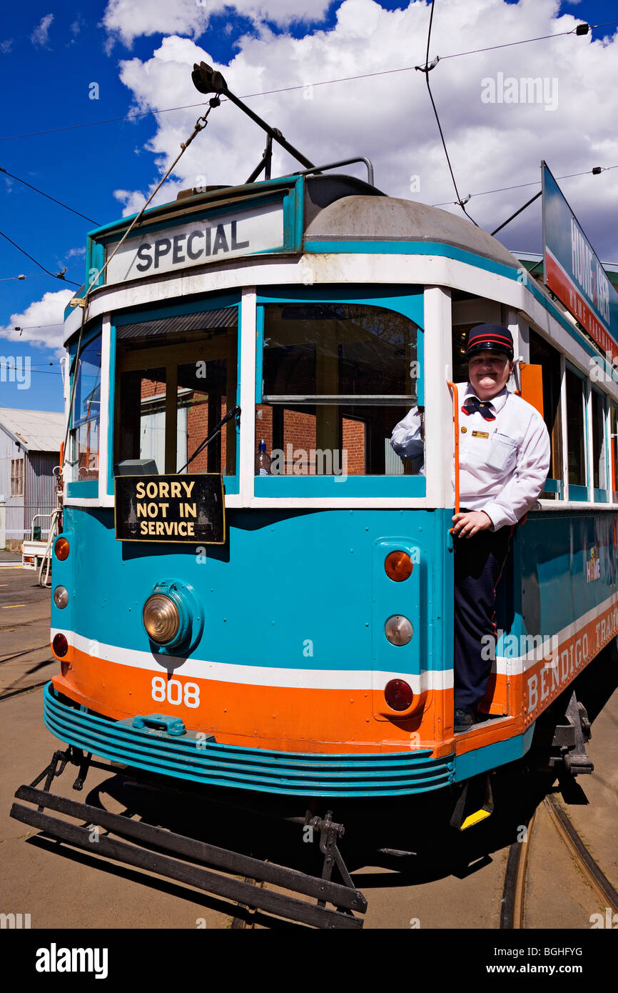 Bendigo Australia / Tram driver and vintage Bendigo tram in the regional City of Bendigo Victoria Australia. Stock Photo