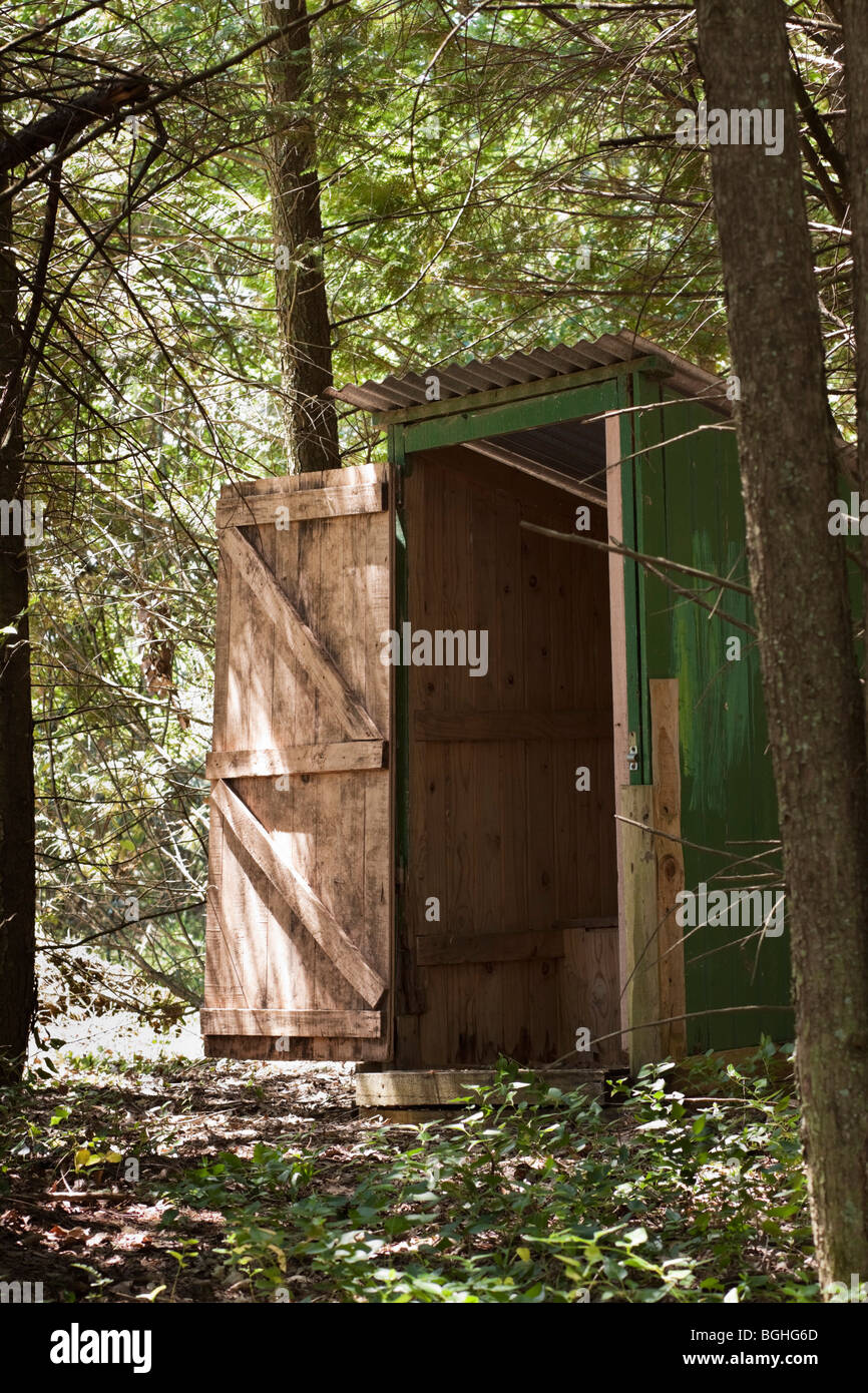Wooden outhouse in the woods. Color. Stock Photo