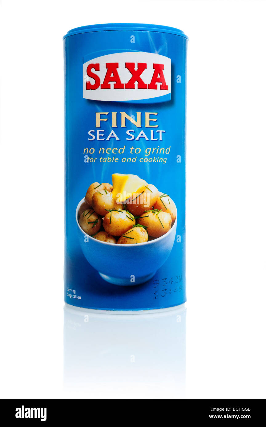 Blue container of Saxa Fine sea  salt Stock Photo