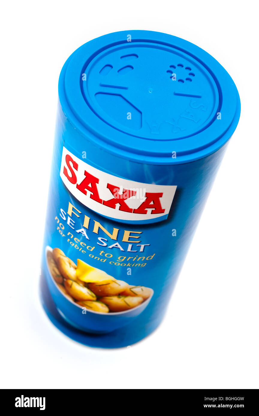 Blue container of Saxa Fine 'sea  salt ' Stock Photo