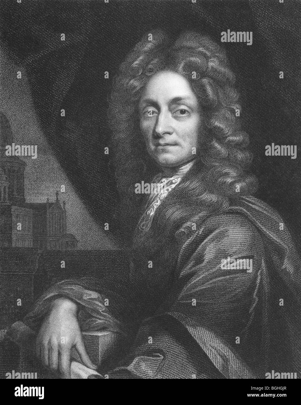 Christopher Wren on engraving from the 1850s. One of the best known English architects. Stock Photo