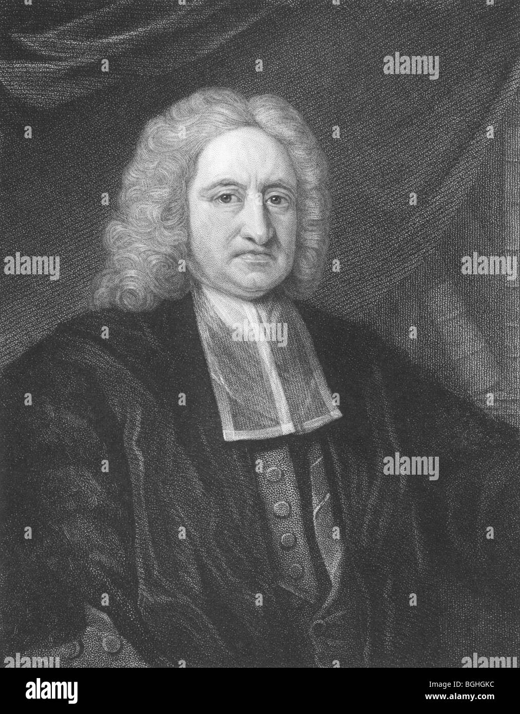 Edmond Halley on engraving from the 1850s. English astronomer, mathematician, physicist, geophysicist and meteorologist. Stock Photo