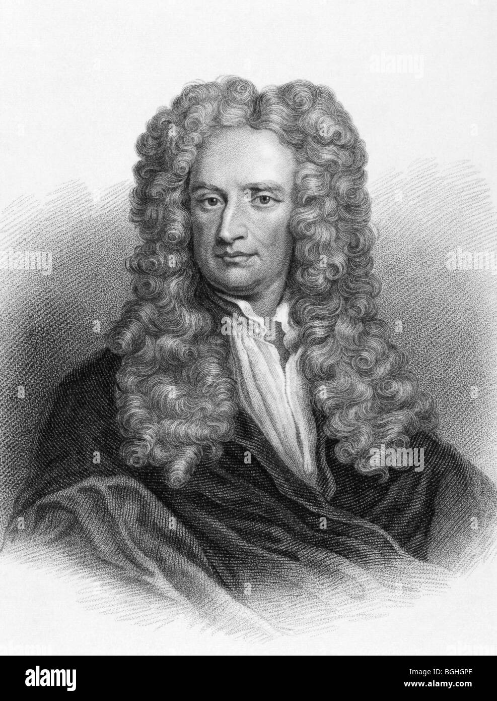 Isaac Newton on engraving from the 1800s. One of the most influential scientists in history. Stock Photo