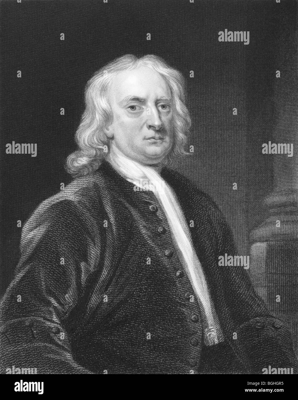 Isaac Newton on engraving from the 1850s. One of the most influential scientists in history. Stock Photo