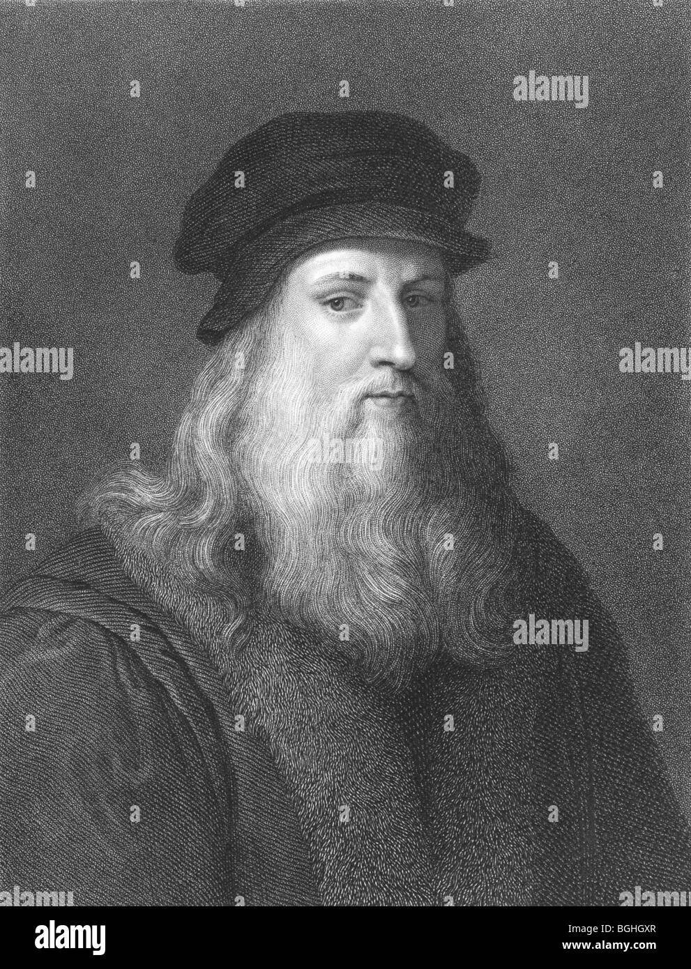 Leonardo Da Vinci on engraving from the 1850s. Perhaps the most diversely talented person ever to have lived. Stock Photo