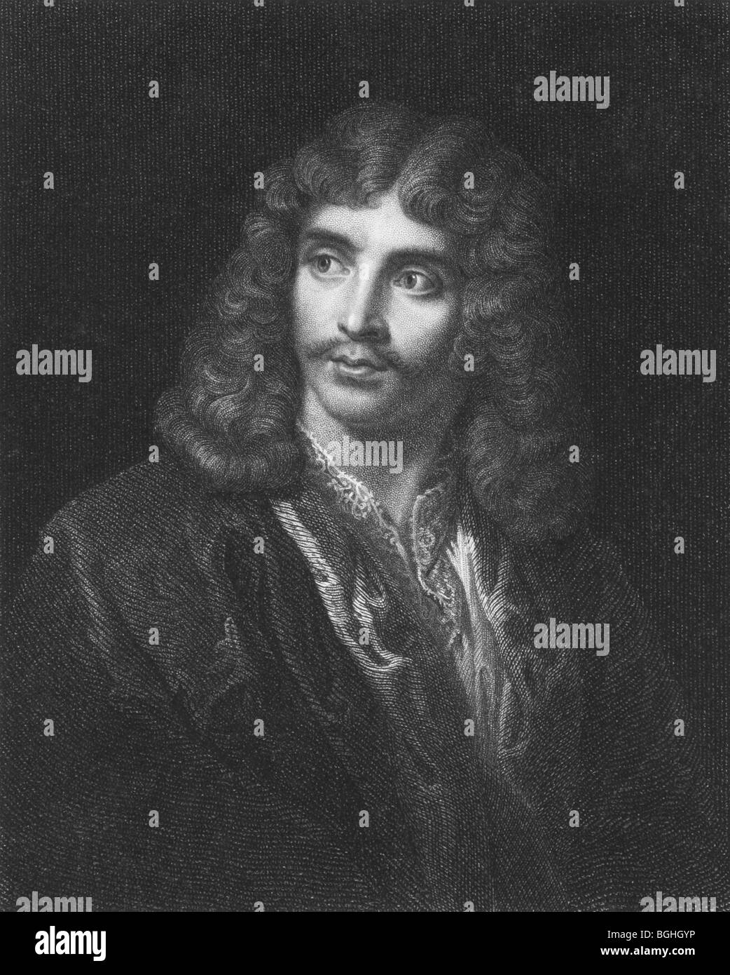 Moliere on engraving from the 1850s. French playwright and actor. One of the greatest masters of comedy in western literature. Stock Photo