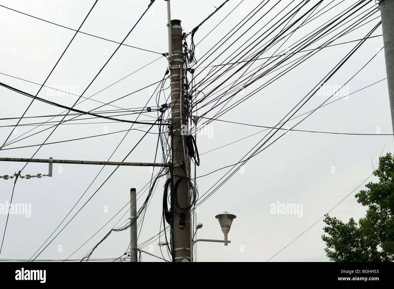 Telephone pole and electric wiring in Ploiesti Romania Eastern Europe Stock Photo