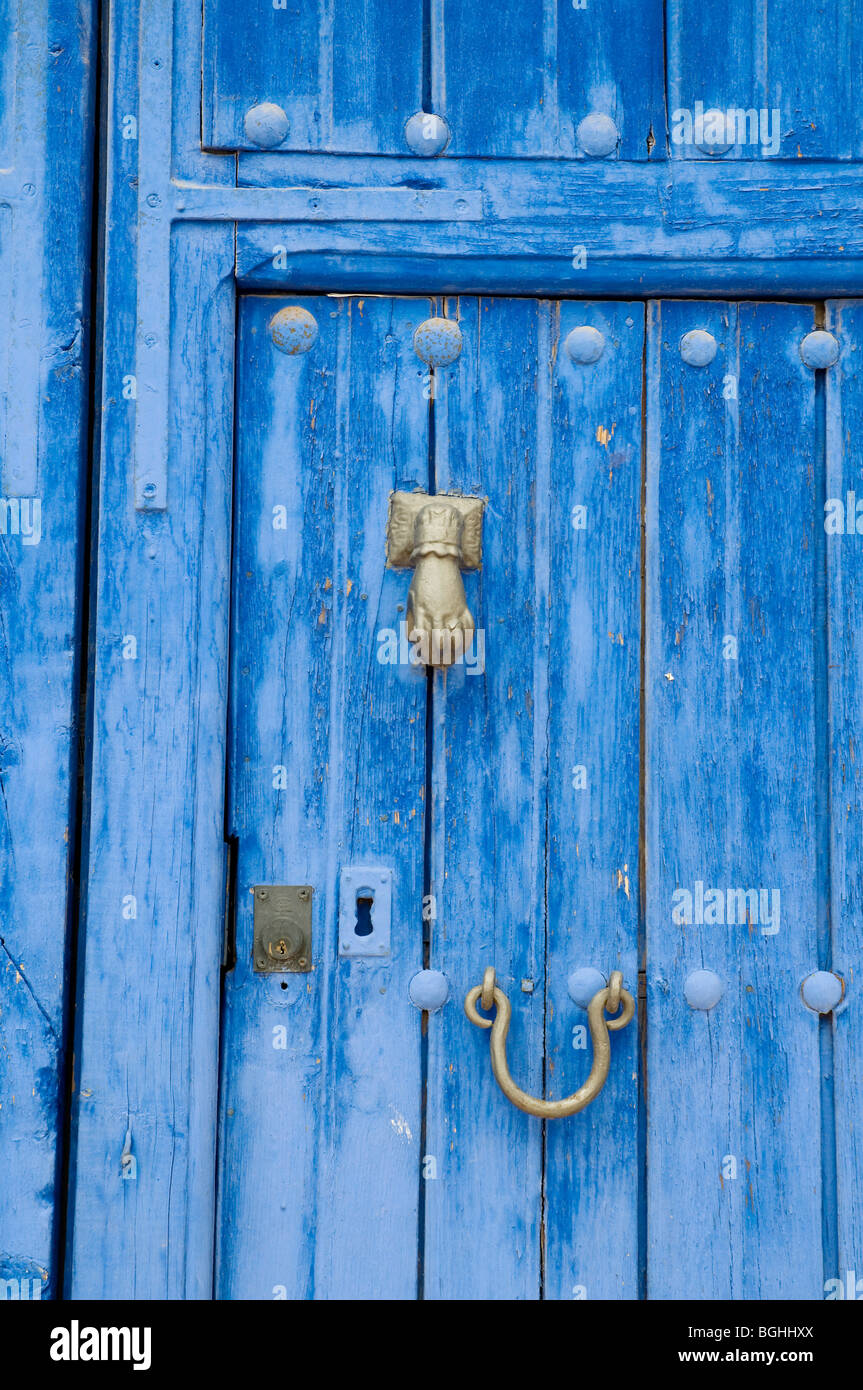 Detail of wooden door, painted in blue colour. El Toboso. Toledo province. Castile La Mancha. Spain. Stock Photo