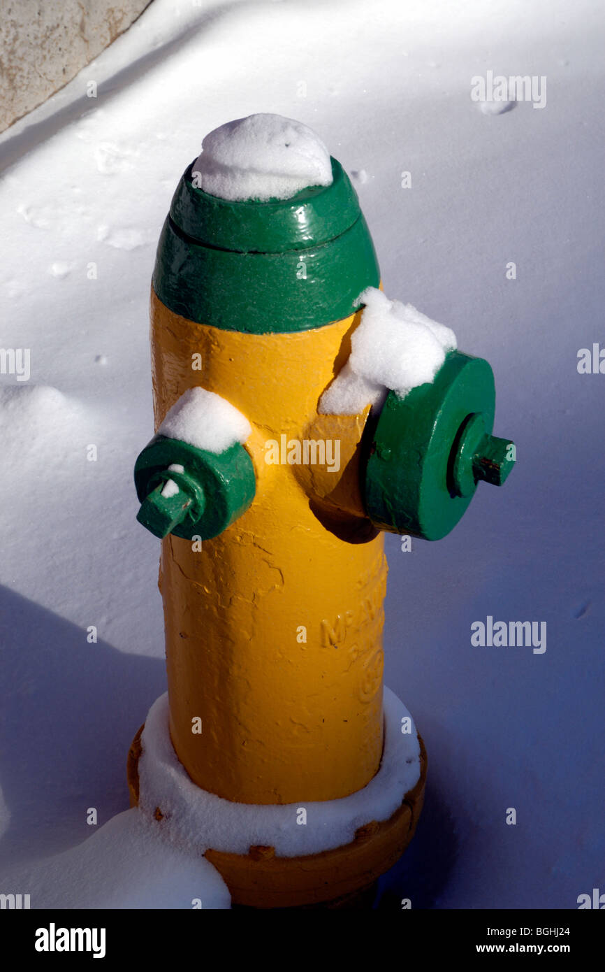 Yellow and green fire hydrant Stock Photo