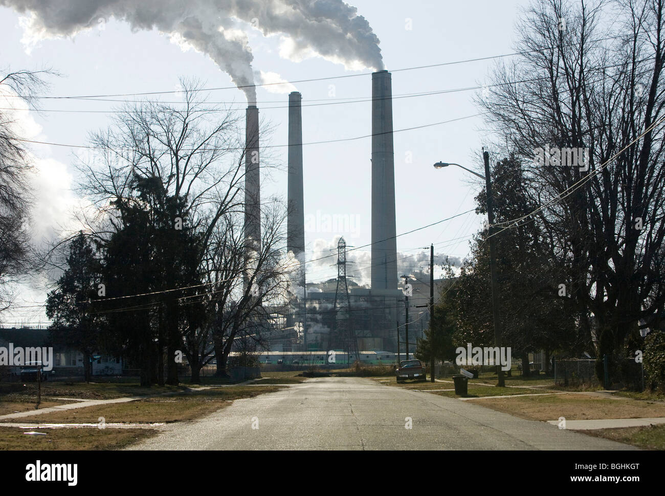 Power plant smokestacks.  Stock Photo