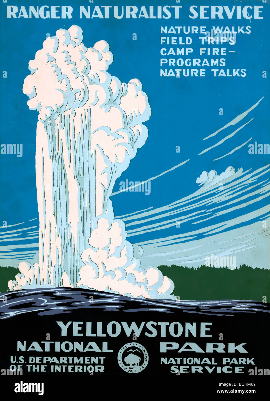 Yellowstone National Park, Ranger Naturalist Service - WPA Poster shows Old Faithful erupting at Yellowstone National Park Stock Photo