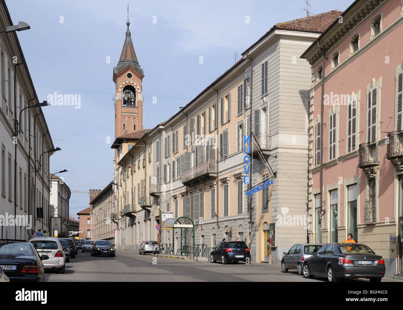 Bell tower campanile and buildings on Corso Vittorio Alfieri Asti Piedmont Italy BELL Stock Photo