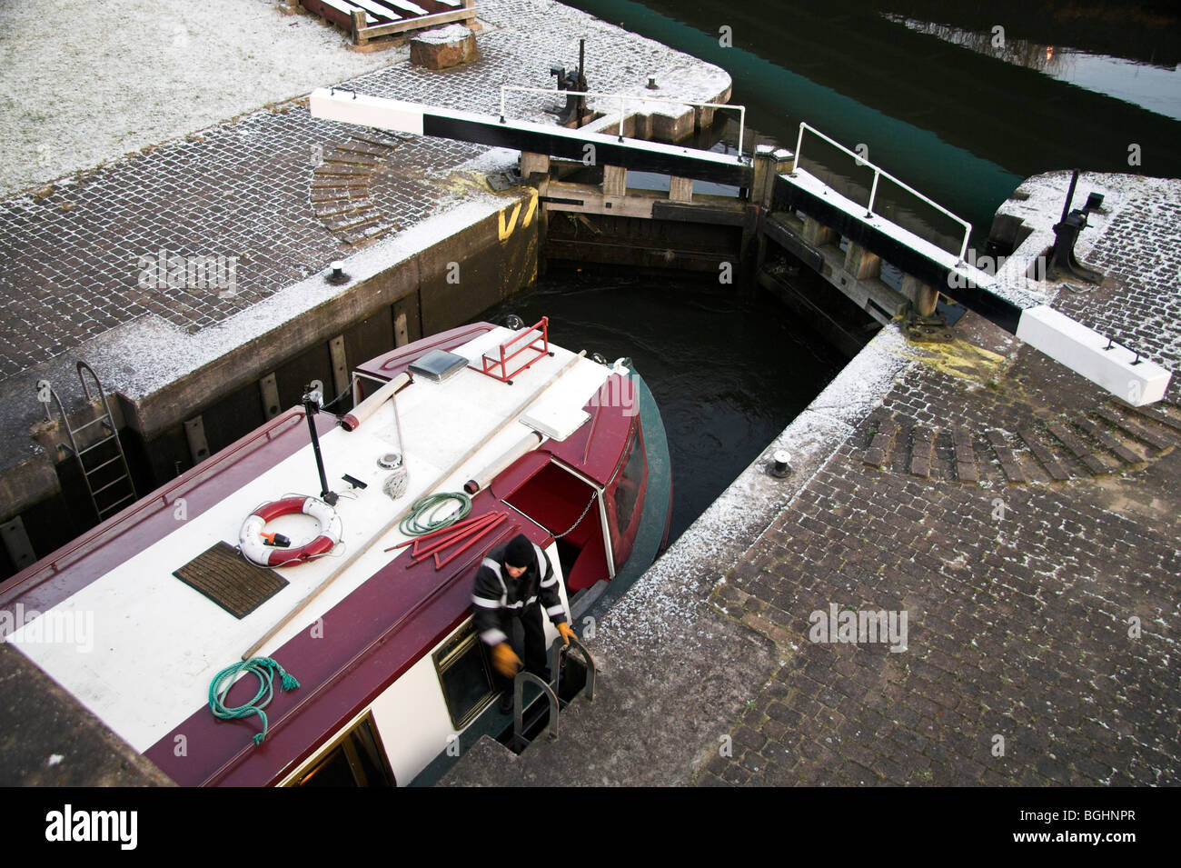 Barge going through a lock, Manchester Ship Canal, Pomona Lock, Salford