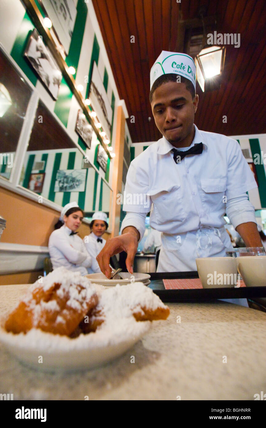 Beignets at Cafe Du Monde in the French Quarter of New Orleans, Louisiana Stock Photo