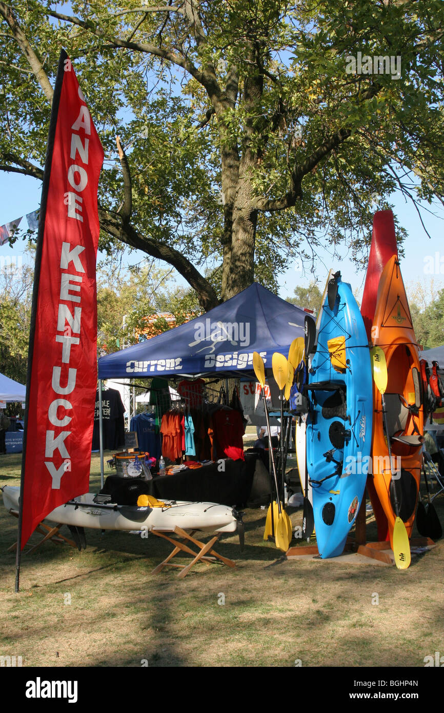 Kayaks at Gearfest, Eastwood Metropark, Dayton, Ohio. Flag Sign Says Canoe Kentucky. Stock Photo