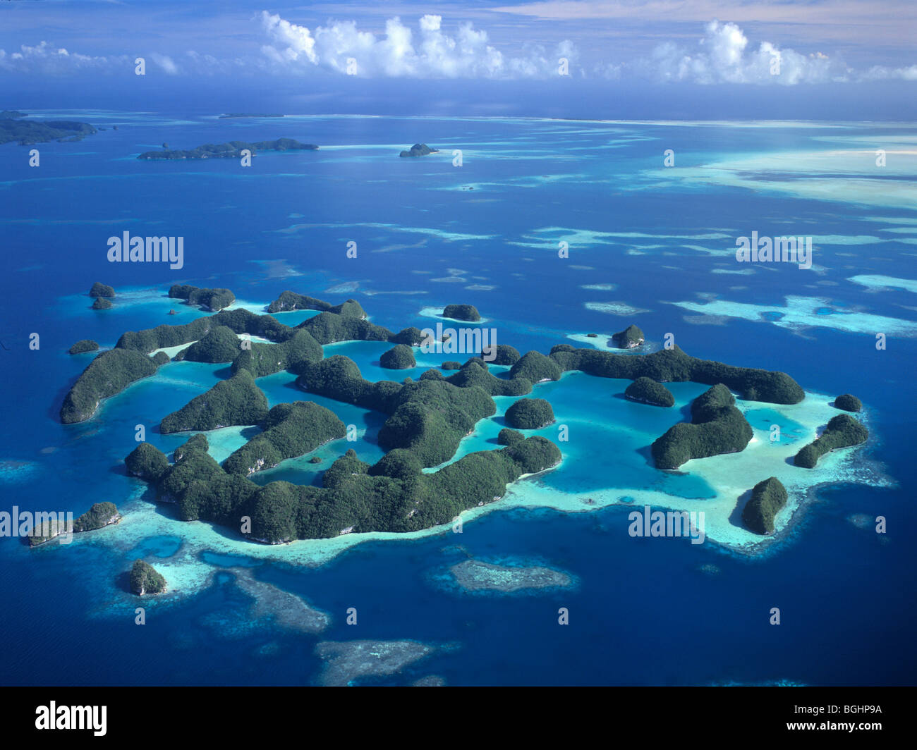 Palau, Micronesia, The Rock Islands of Palau, aerial view of the 70 islands which are refered to in Polynesian as 'Ngerukuld' Stock Photo