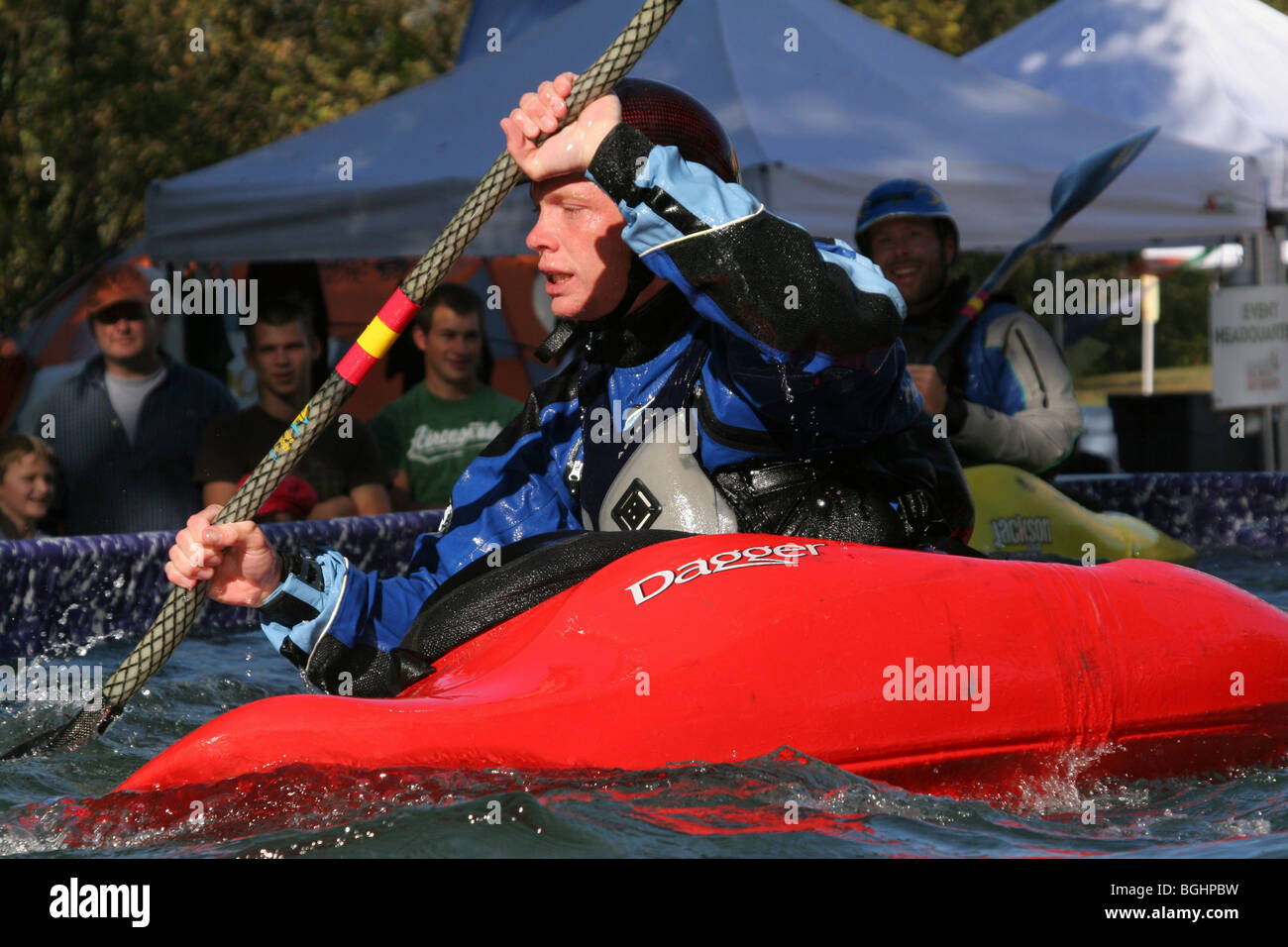 Professional Corey Volt Kayak Demonstration In A Dagger Kayak at Gearfest, Eastwood Metropark, Dayton, Ohio. Stock Photo