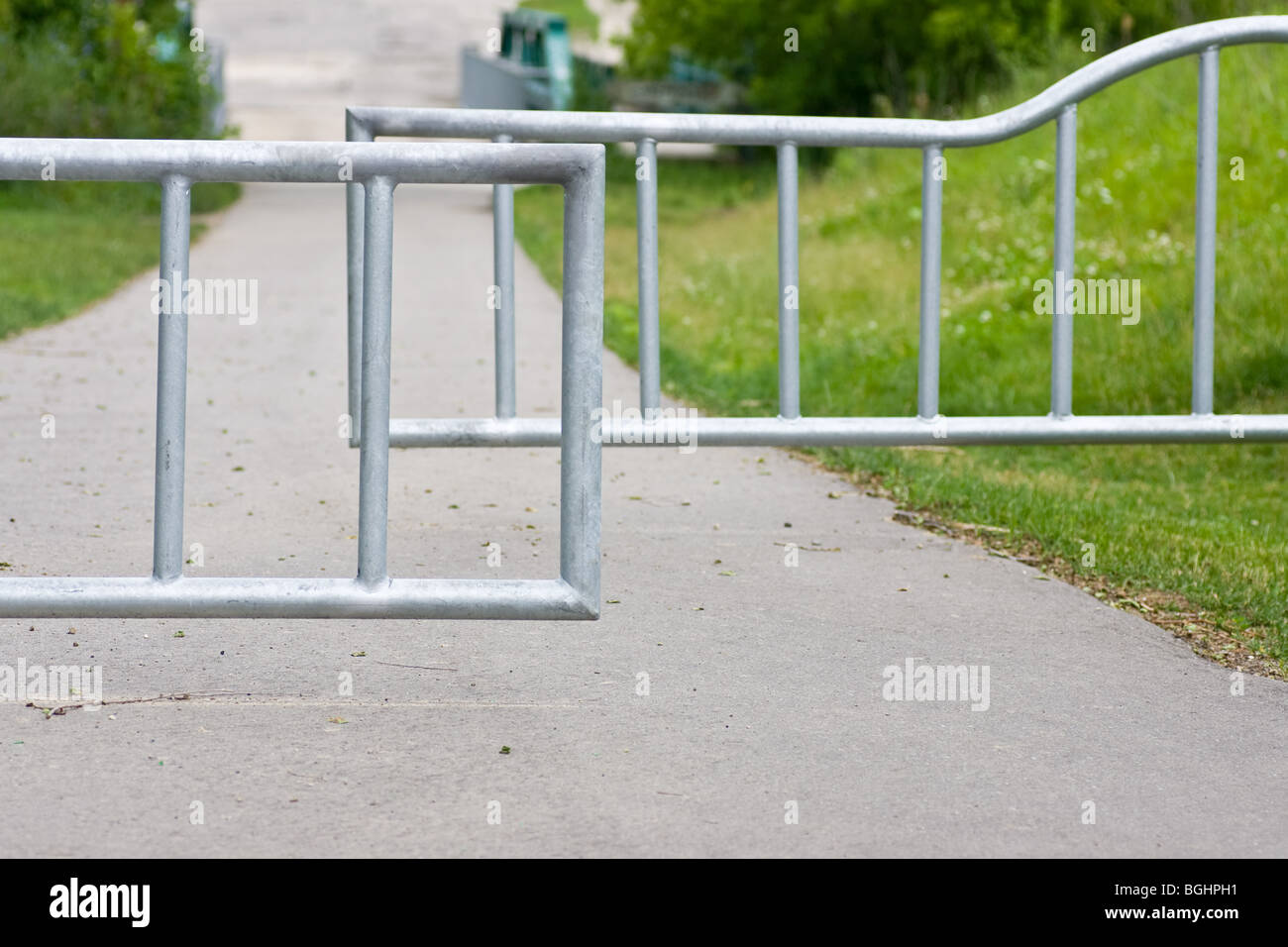 A bicycle path with dividing gates to block other traffic from entering, while still allowing