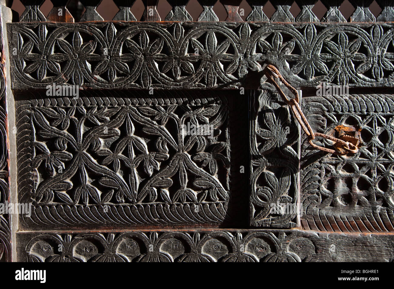 Zanzibar, Tanzania. Front of Carved Wooden Zanzibari Chest Stock Photo