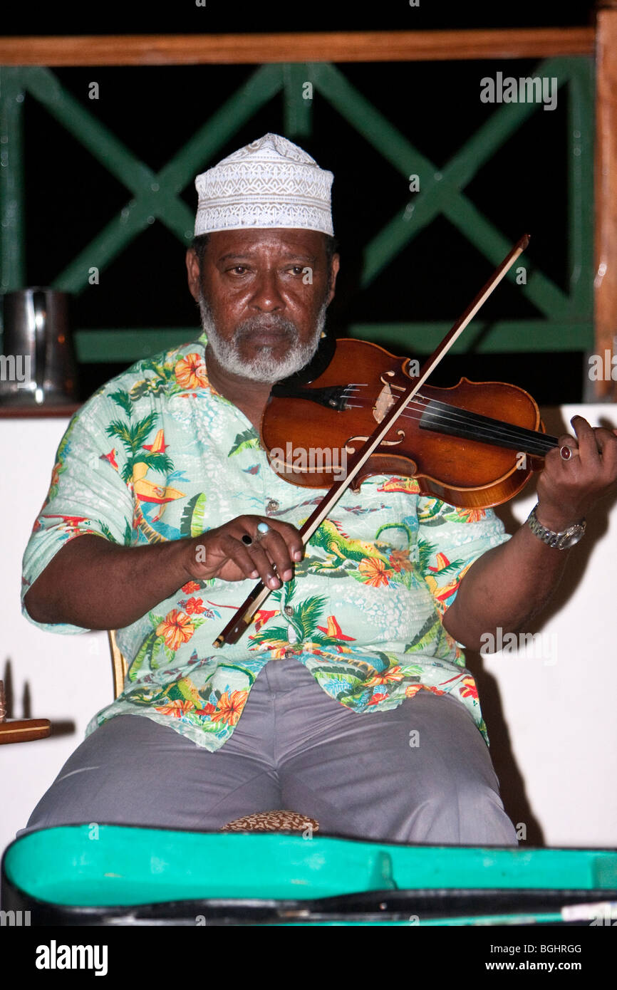 Zanzibar, Tanzania. Taarab Violinist, Dr. Muhammad Ilyas, Twinkling Star taarab group, part of Nadi Akhwan Safaa. Stock Photo