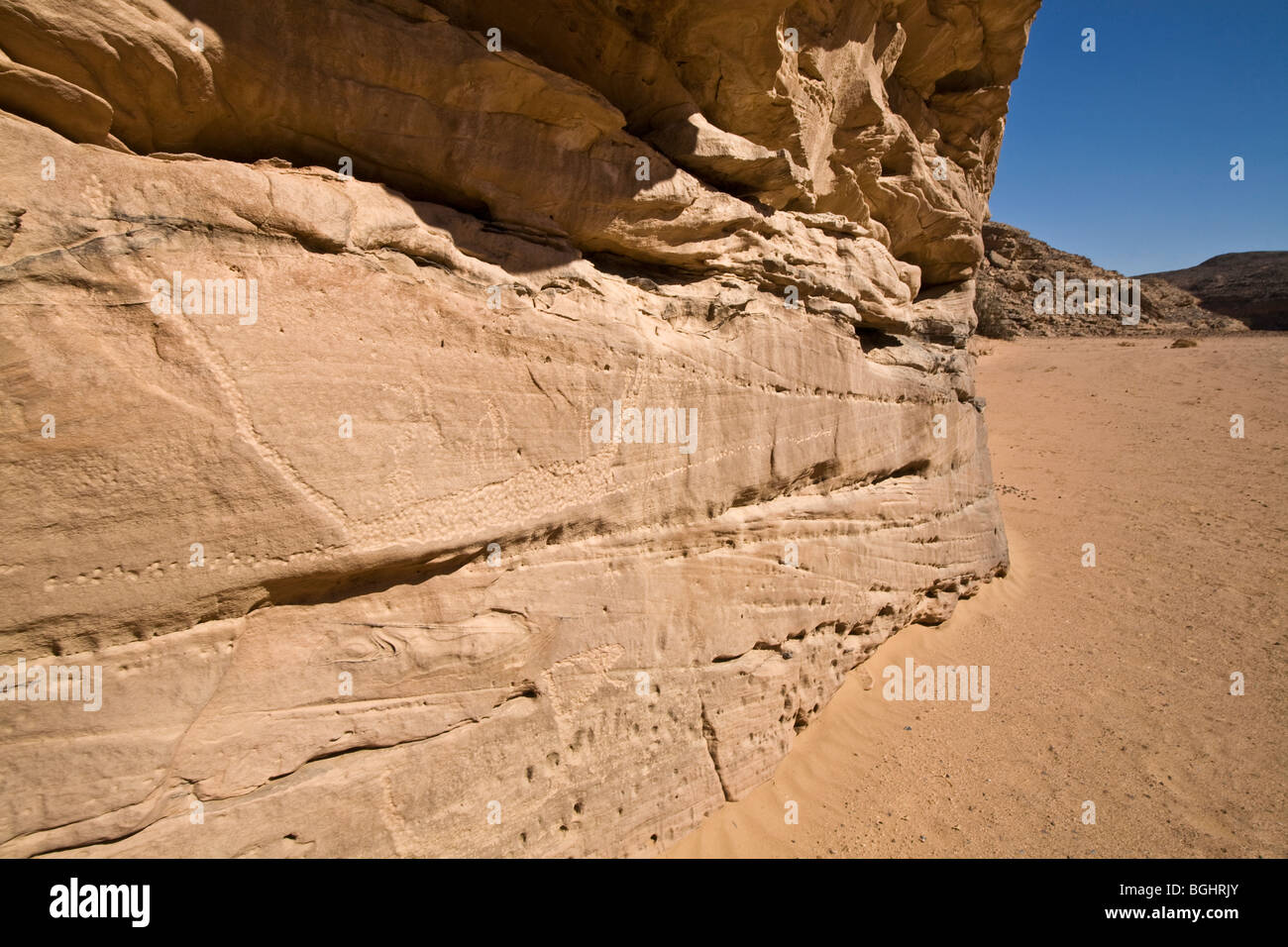 View along wadi floor showing rock-Art  in the Eastern Desert of Egypt. Stock Photo