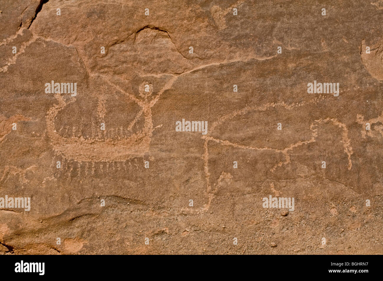 Close up of one of the boats at Winklers famous Rock-Art site 26 in Wadi Abu Wasil in the Eastern Desert of Egypt. Stock Photo