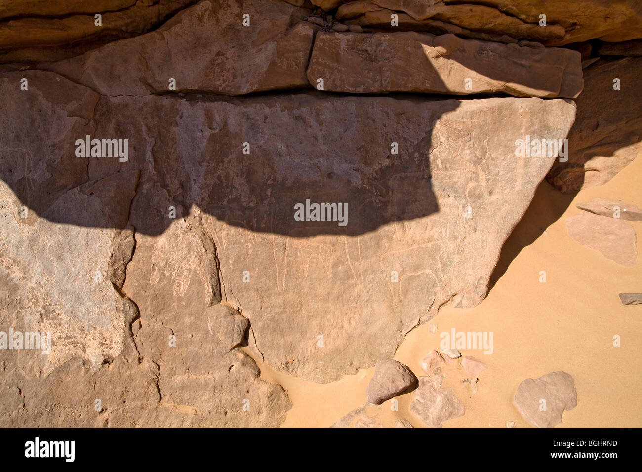 Close up of some of the images at Winklers famous Rock-Art site 26 in Wadi Abu Wasil in the Eastern Desert of Egypt. Stock Photo