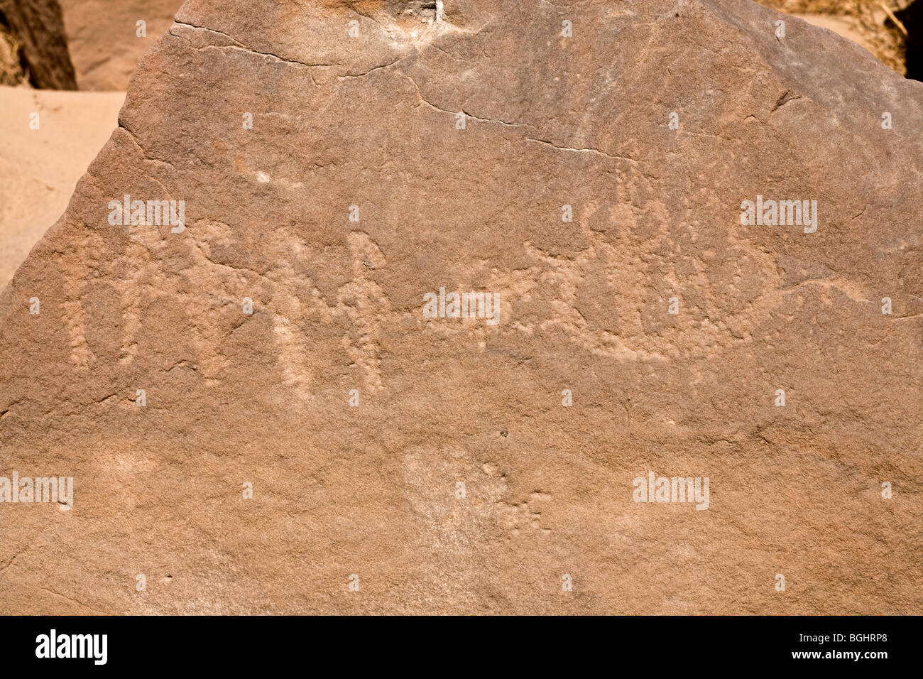 Close up of image of boat towing on rock at Winklers famous Rock-Art site 26 in Wadi Abu Wasil in the Eastern Desert of Egypt. Stock Photo